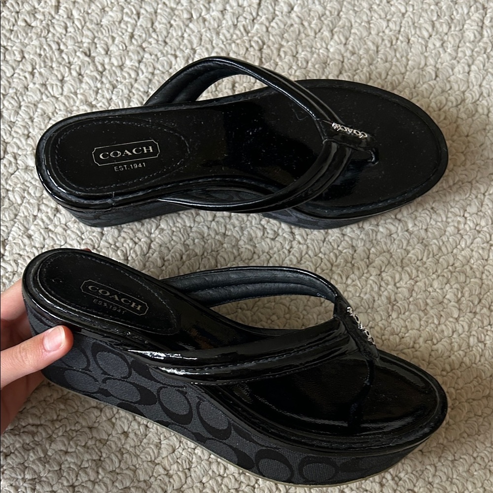 Coach Nella Black Platform Wedge Thong Sandal